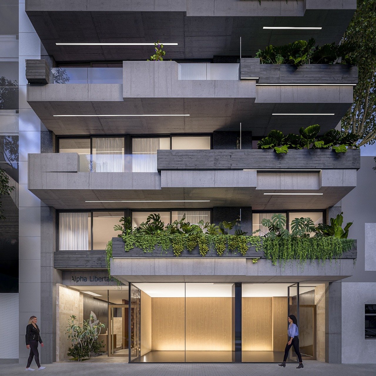 Fachada principal de Alpha Place Libertador en Manuel Ugarte 1524, Belgrano — render referencial