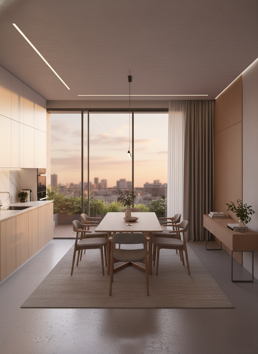 Comedor integrado con cocina y terraza en departamento de Alpha Place Libertador