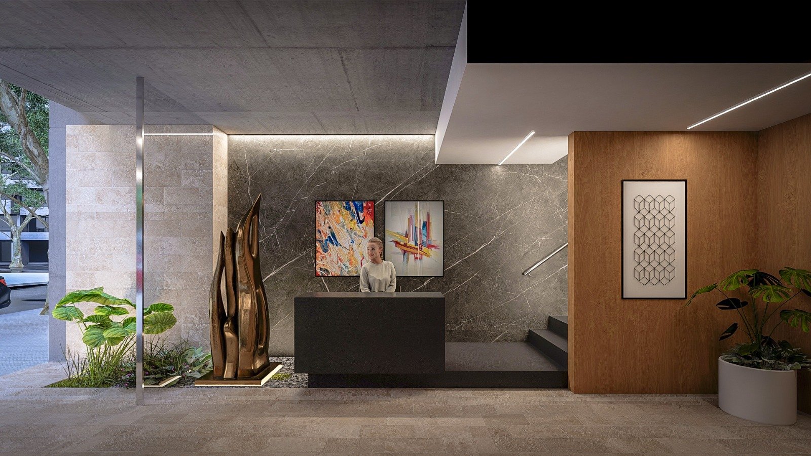 Lobby de Alpha Place Libertador con revestimiento en travertino y escultura Raging Bird